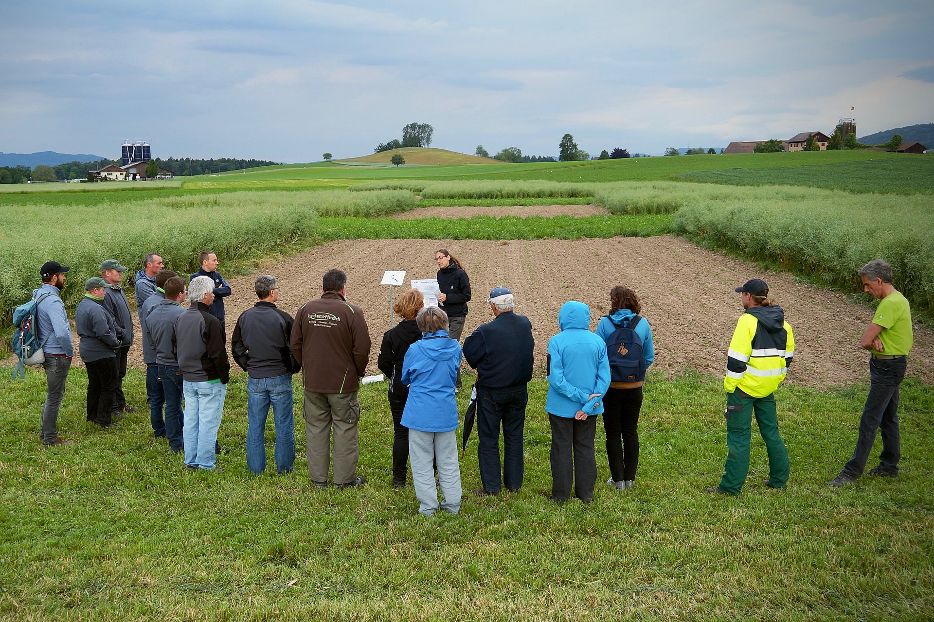 Gruppe steht vor Feld. Foto: Thomas Alföldi, FiBL